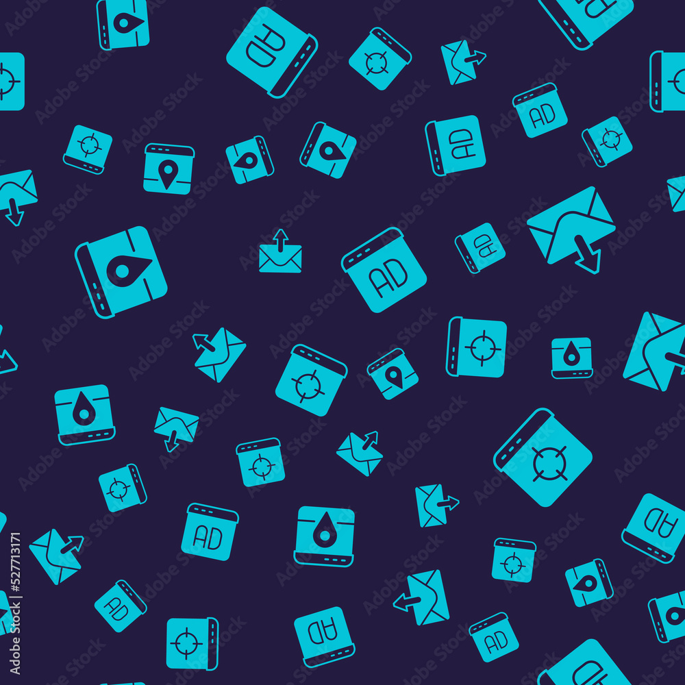 Set Infographic of city map, Mail and e-mail, Advertising and Target financial goal on seamless pattern. Vector Set Infographic of city map, Mail and e-mail, Advertising and Target financial goal on seamless pattern. Vector