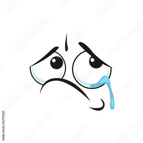 Cartoon crying face with tears dripping from eyes. Upset emoji, vector dissatisfied facial expression, weepie, crybaby unhappy negative feelings isolated on white background