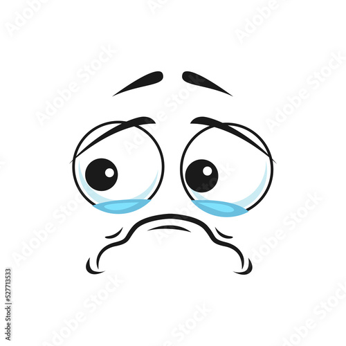 Cartoon crying face with wet eyes, weeper emoji with tears. Upset vector dissatisfied facial expression, funny unhappy plaintive or piteous feelings isolated on white background