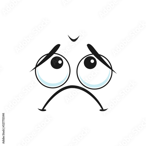 Cartoon sad face, vector negative feelings, sadness emotion, unhappy or upset emoji. Pained facial expression with pathetic eyes and closed curved mouth isolated on white background