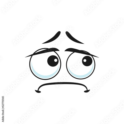 Cartoon sad face, vector unhappy or upset emoji, pained facial expression with pathetic eyes and closed curved mouth. Negative feelings, sadness emotion isolated on white background