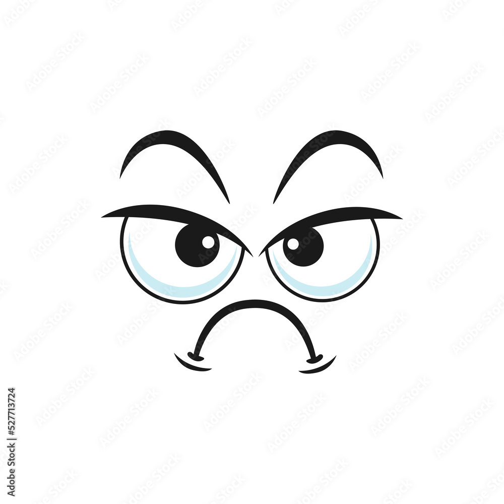 Cartoon face, vector disgruntled or upset emoji, funny facial expression with curved mouth and frown eyebrows. Negative dissatisfied feelings, comic emotion isolated on white background