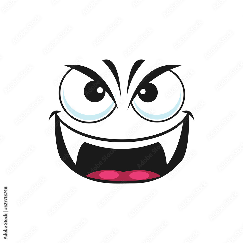 Cartoon vampire face, smiling vector emoji. Demon with sharp fangs gloat smile emotion. Malefactor with angry eyes and laughing toothy mouth. Halloween or hell character isolated on white background Cartoon vampire face, smiling vector emoji. Demon with sharp fangs gloat smile emotion. Malefactor with angry eyes and laughing toothy mouth. Halloween or hell character isolated on white background