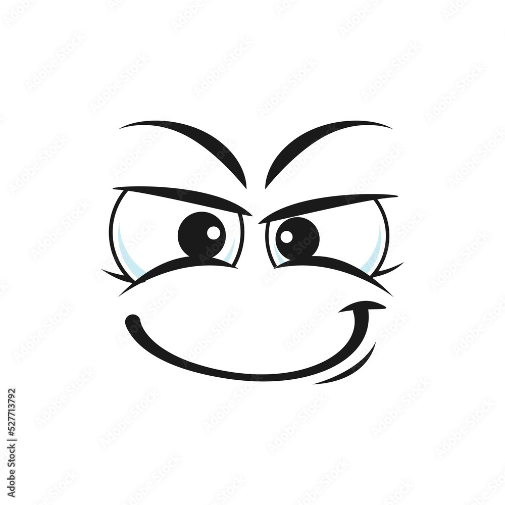 Cartoon smirk face, vector smiling emoji with wink eyes and simper mouth. Funny character facial expression, canny or varmint feelings, comic personage Cartoon smirk face, vector smiling emoji with wink eyes and simper mouth. Funny character facial expression, canny or varmint feelings, comic personage