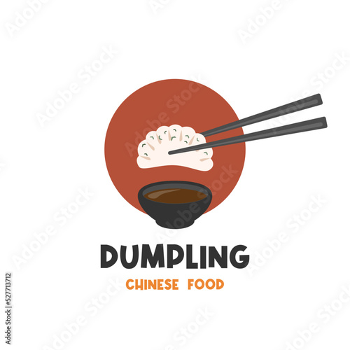 Vector illustration logo dumpling dim sum jaozi ready to eat with chopsticks and sauce