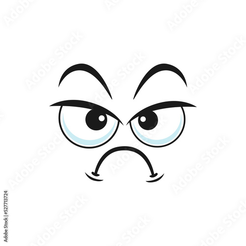 Cartoon face, vector disgruntled or upset emoji, funny facial expression with curved mouth and frown eyebrows. Negative dissatisfied feelings, comic emotion isolated on white background