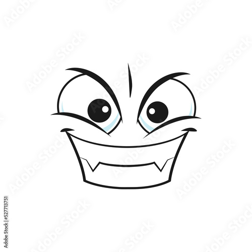Evil scary cartoon smile face, smiling vampire vector emoji. Monster with sharp teeth, demon with fangs gloat emotion. Malefactor with angry eyes and laughing toothy mouth. Halloween character