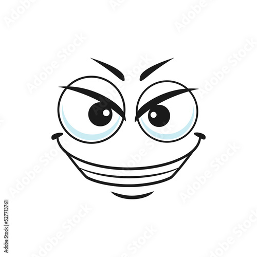 Cartoon villain face, vector gloat laugh emoji with angry eyes and laughing toothy mouth. Negative facial expression, funny feelings isolated on white background