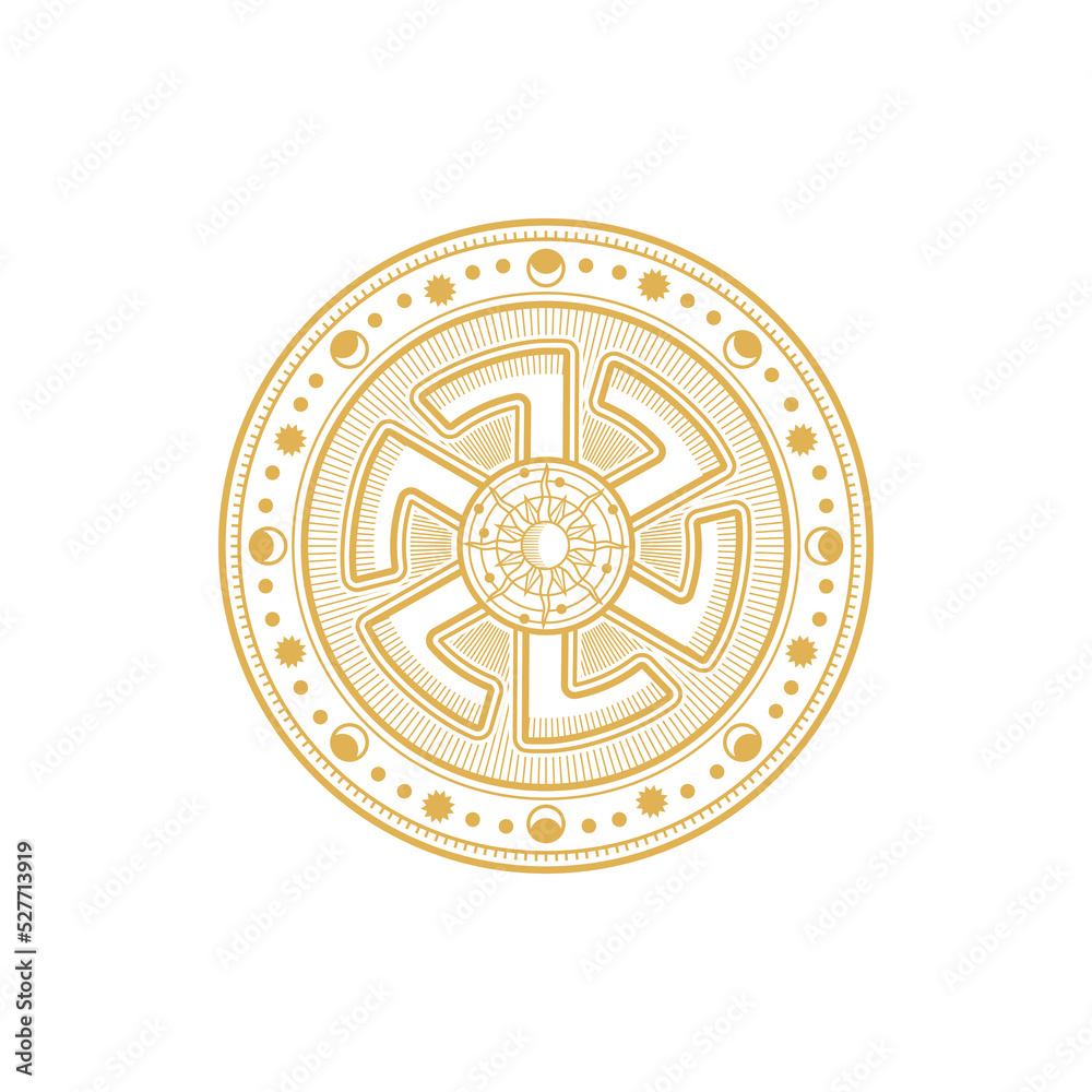 Magic symbol, gold circle with sun and ankh ornaments, moon and swastika sign isolated. Vector golden coin, alchemy and occult science, esoteric religion and astrology mystic symbol, tattoo design