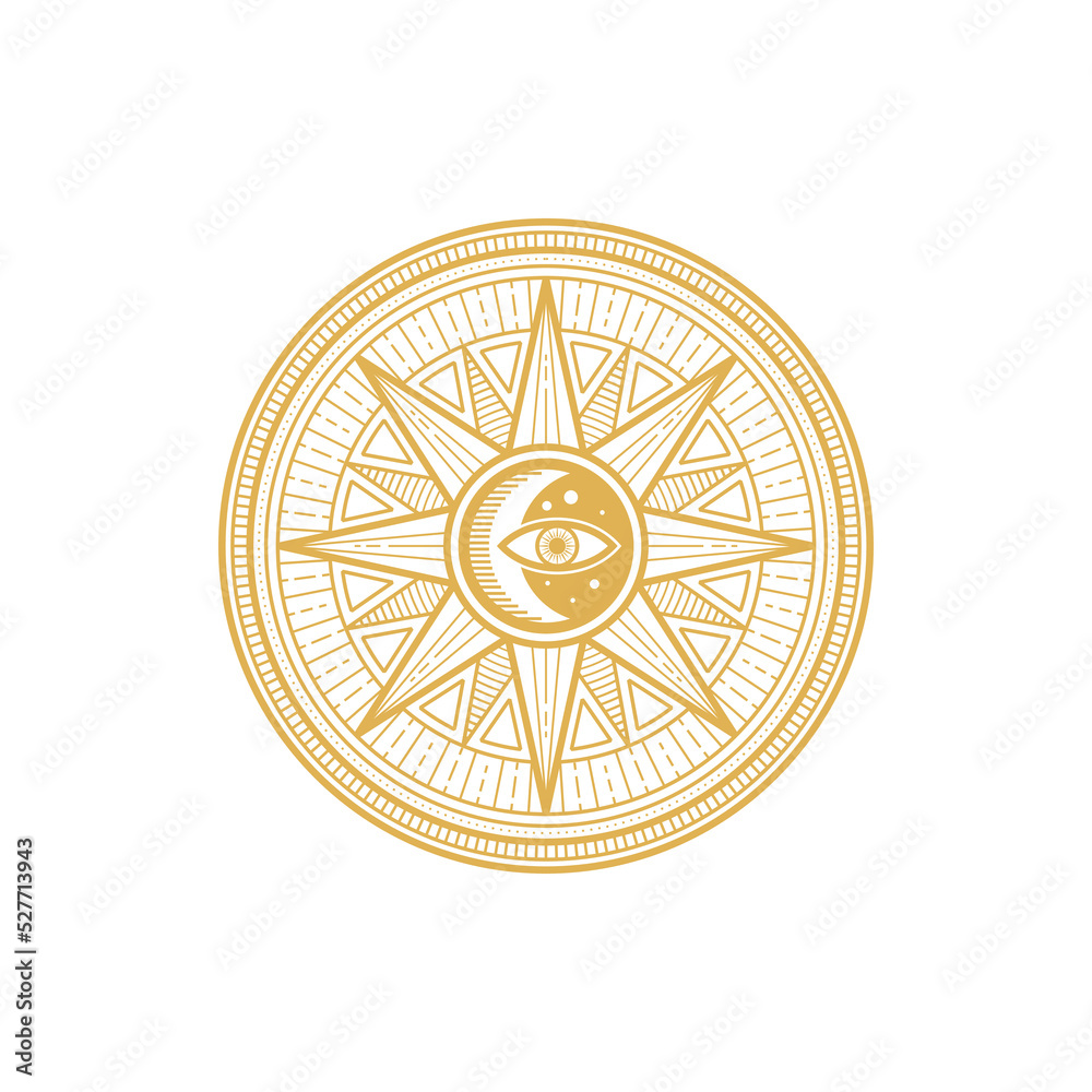 Tarot magic symbol, eye, star moon, round ethnic amulet isolated golden circle. Vector esoteric mystic pattern, spiritual sacred mystery circle, occult freemason talisman. Amulet with constellation