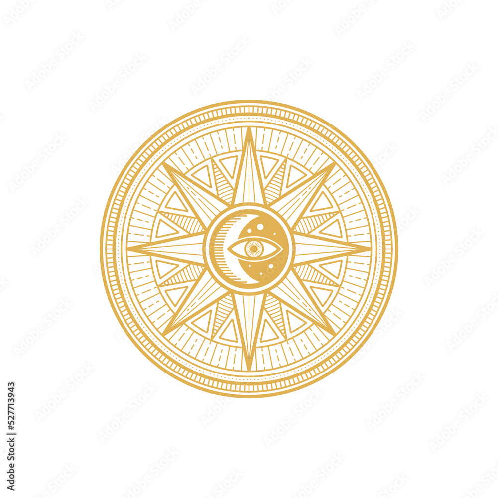 Tarot magic symbol, eye, star moon, round ethnic amulet isolated golden circle. Vector esoteric mystic pattern, spiritual sacred mystery circle, occult freemason talisman. Amulet with constellation Tarot magic symbol, eye, star moon, round ethnic amulet isolated golden circle. Vector esoteric mystic pattern, spiritual sacred mystery circle, occult freemason talisman. Amulet with constellation