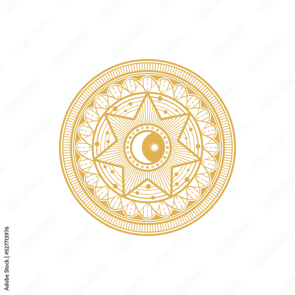 Round ethnic amulet magic astrology symbol isolated golden circle. Vector tarot talisman with moon and star, sun and ethnic ornament. Mason or freemason symbol of fortune, ancient Egypt coin