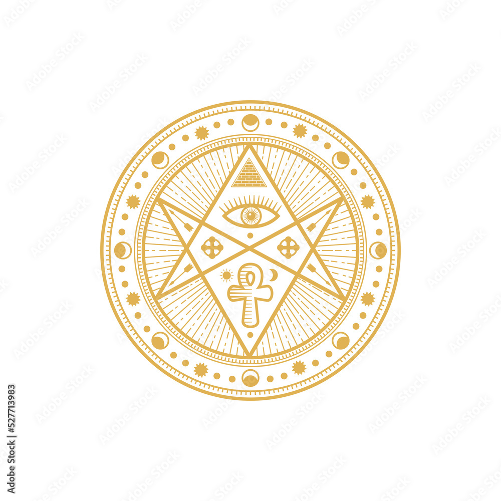 Tribal talisman, tarot sign with pyramid, eye and ankh, geometry circle with ancient Egypt ornaments isolated golden circle. Vector tarot talisman, ethnic mason or freemason symbol of fortune, coin Tribal talisman, tarot sign with pyramid, eye and ankh, geometry circle with ancient Egypt ornaments isolated golden circle. Vector tarot talisman, ethnic mason or freemason symbol of fortune, coin