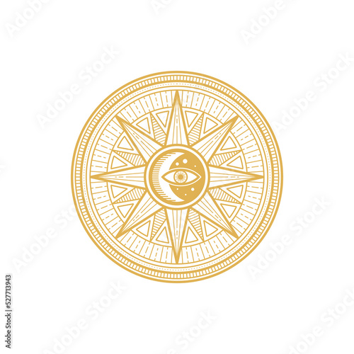 Tarot magic symbol, eye, star moon, round ethnic amulet isolated golden circle. Vector esoteric mystic pattern, spiritual sacred mystery circle, occult freemason talisman. Amulet with constellation
