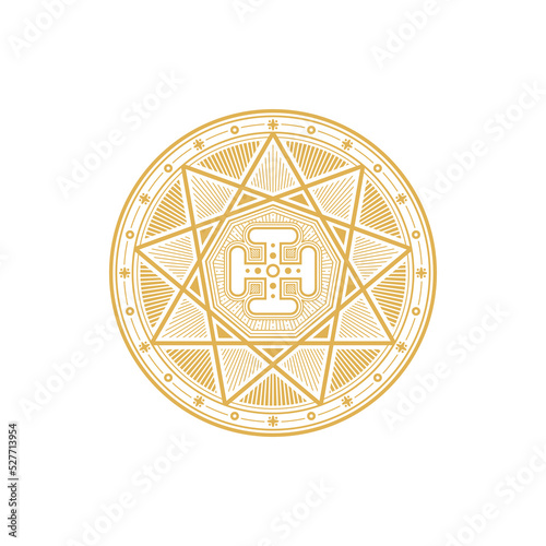 Alchemy and occult science magic symbol, esoteric religion and astrology mystic sign with cross. Vector gold circle with triangles, pentagram star, and ankh ornament. Tribal occultism, rune and chakra