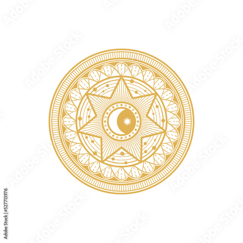 Round ethnic amulet magic astrology symbol isolated golden circle. Vector tarot talisman with moon and star, sun and ethnic ornament. Mason or freemason symbol of fortune, ancient Egypt coin