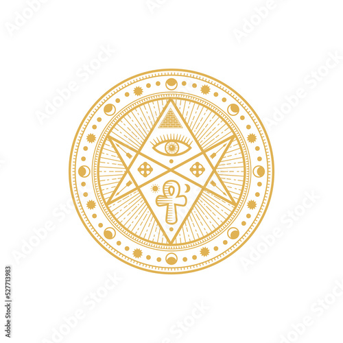 Tribal talisman, tarot sign with pyramid, eye and ankh, geometry circle with ancient Egypt ornaments isolated golden circle. Vector tarot talisman, ethnic mason or freemason symbol of fortune, coin