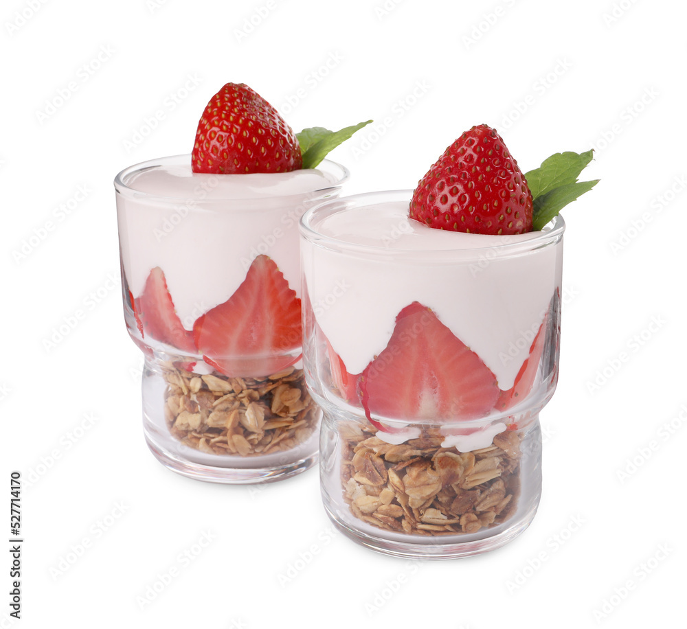 Glasses of tasty yogurt with muesli and strawberries isolated on white Glasses of tasty yogurt with muesli and strawberries isolated on white