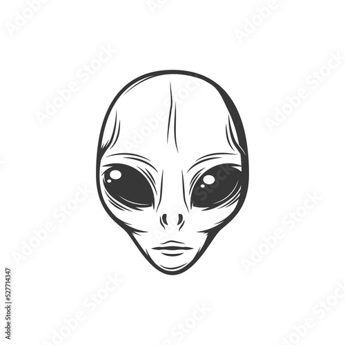 Face of extraterrestrial alien with big black eyes, hypothetical life person, cosmic civilizations character isolated monochrome portrait. Vector futuristic paranormal humanoid, outerspace creature