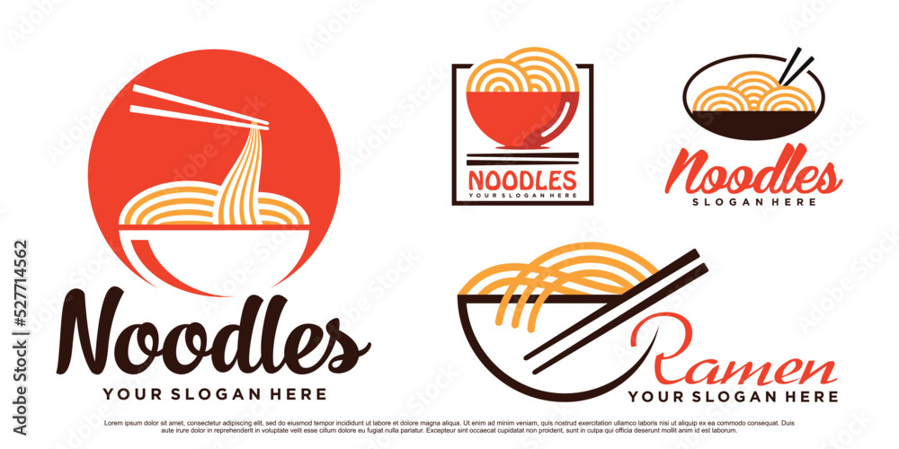 Set of Noodle logo design illustration for ramen icon with bowl and creative concept Premium Vector