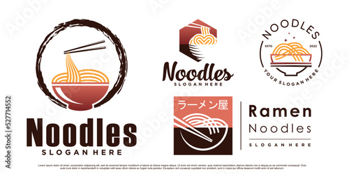 Set of noodle and ramen icon logo design bundle with bowl and chopstick Premium Vector
