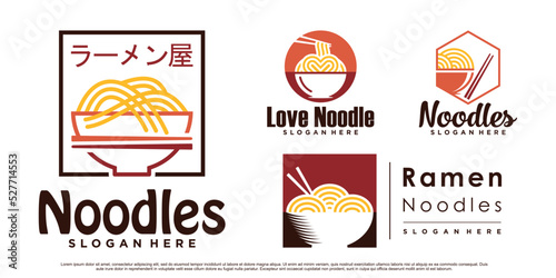Set of ramen noodle icon logo design bundle with bowl, chopstick and creative concept Premium Vector