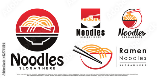 Set of ramen noodle icon logo design bundle with bowl, chopstick and creative concept Premium Vector