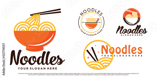 Set of Noodle logo design illustration for ramen icon with bowl and creative concept Premium Vector