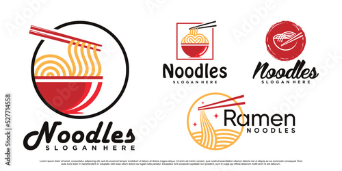 Set of Noodle logo design illustration for ramen icon with bowl and creative concept Premium Vector
