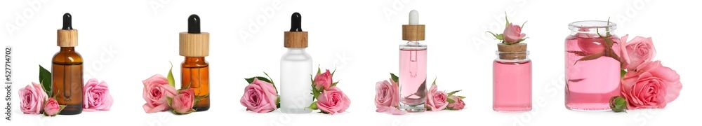 Set with bottles of essential rose oil and flowers on white background. Banner design Set with bottles of essential rose oil and flowers on white background. Banner design