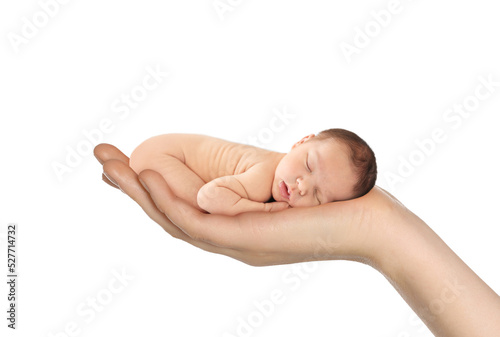 Surrogacy concept. Woman holding adorable newborn baby on white background, closeup photo