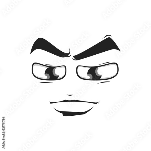 Cartoon face vector emoji with big eyes and closed mouth with sensual wide lips. Calm male character, confident facial expression, isolated anime or manga face