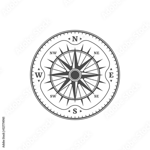 Sailor compass, nautical journey symbol. Windrose star pictogram, exploration era ancient compass vector icon. Travel adventure vintage symbol or medieval map direction sign