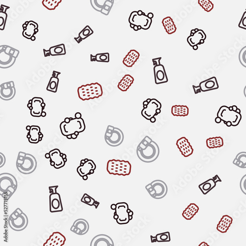 Set line Bar of soap, Cleaning spray with detergent, Dishwashing bottle and plate and Sponge on seamless pattern. Vector