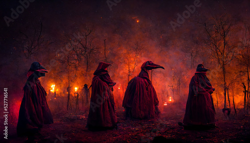 An abstract 3D illustration of robed plague doctors in a fire lit forest