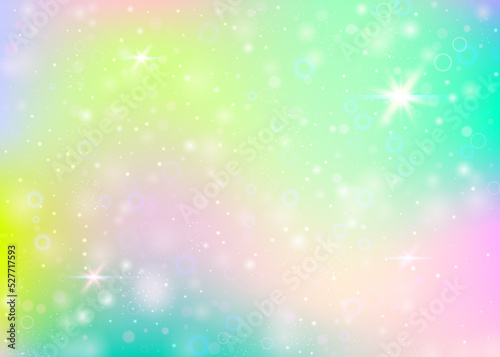 Magic background with rainbow mesh. Girlie universe banner in princess colors. Fantasy gradient backdrop with hologram. Holographic magic background with fairy sparkles, stars and blurs.