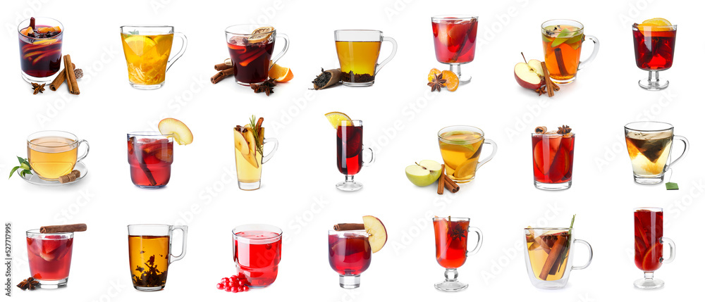Set of tasty hot beverages on white background Set of tasty hot beverages on white background