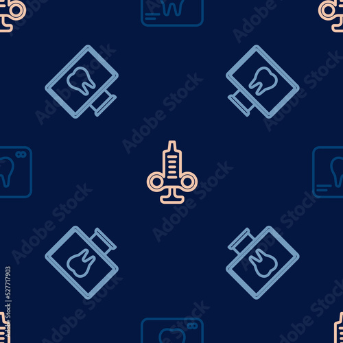 Set line X-ray of tooth, Online dental care and Syringe on seamless pattern. Vector
