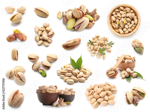 Set of tasty pistachios isolated on white