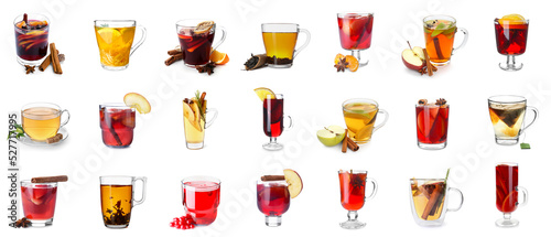 Set of tasty hot beverages on white background