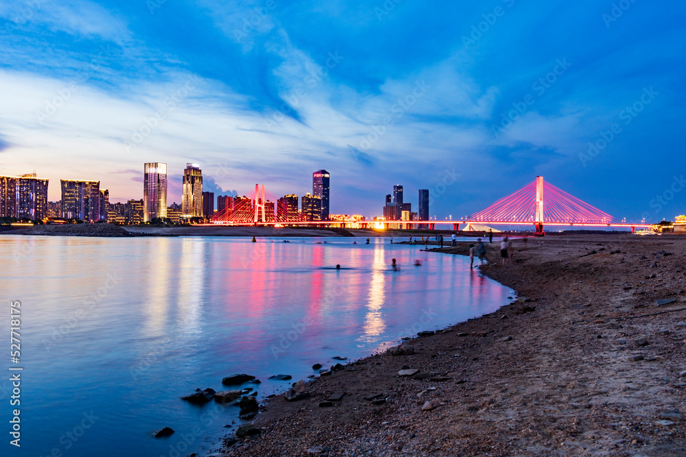 Modern city night skyline with beautiful sunset, Shanghai, China