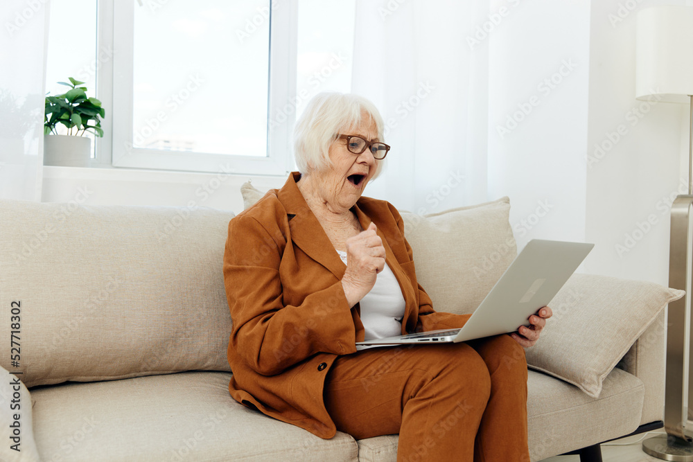 an angry, aggressive elderly woman waves her fist at a laptop monitor while holding it on her lap while sitting on a sofa in a bright apartment an angry, aggressive elderly woman waves her fist at a laptop monitor while holding it on her lap while sitting on a sofa in a bright apartment