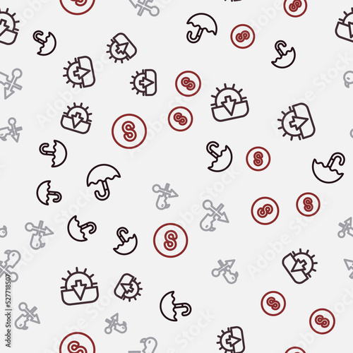 Set line Umbrella, Sunset, Rooster weather vane and Compass south on seamless pattern. Vector