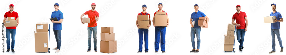 Set of couriers with parcels isolated on white Set of couriers with parcels isolated on white