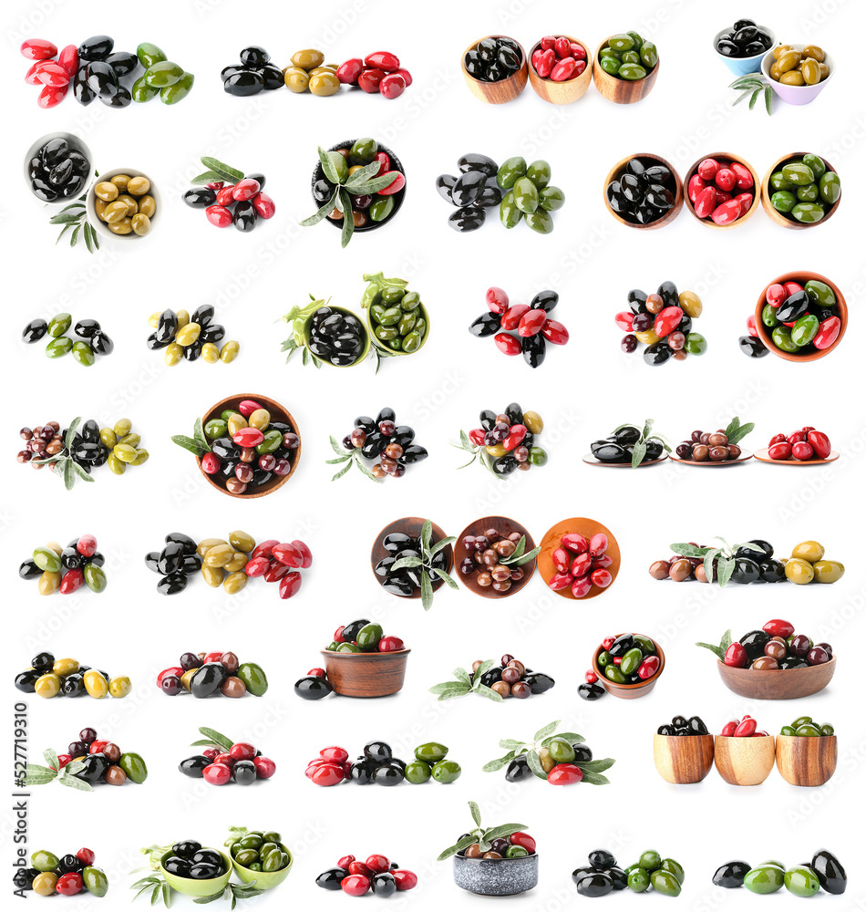 Different types of tasty olives isolated on white