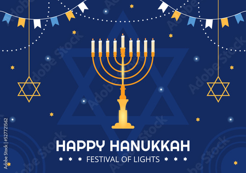 Happy Hanukkah Jewish holiday Template Hand Drawn Cartoon Flat Illustration with Menorah, Sufganiyot, Dreidel and Traditional Symbols