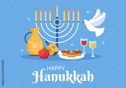 Happy Hanukkah Jewish holiday Template Hand Drawn Cartoon Flat Illustration with Menorah, Sufganiyot, Dreidel and Traditional Symbols