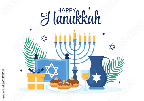 Happy Hanukkah Jewish holiday Template Hand Drawn Cartoon Flat Illustration with Menorah, Sufganiyot, Dreidel and Traditional Symbols