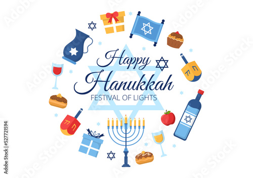 Happy Hanukkah Jewish holiday Template Hand Drawn Cartoon Flat Illustration with Menorah, Sufganiyot, Dreidel and Traditional Symbols