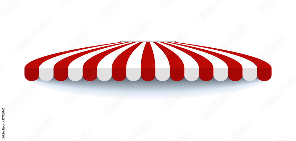 Fototapeta premium Tent canopy for shops, cafes and street restaurants. 3d canopy shop vector orange shop cafe. Striped red and white sunshade for shops, cafes and street restaurants. 3d vector illustration.